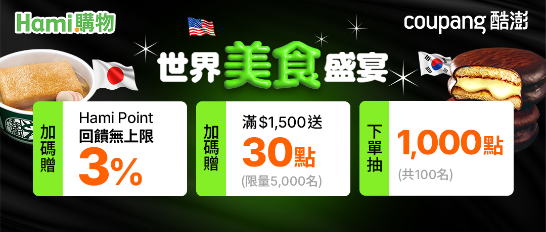【Hami購物】酷澎美食盛宴，再賺3%回饋無上限，滿$1500再贈30點